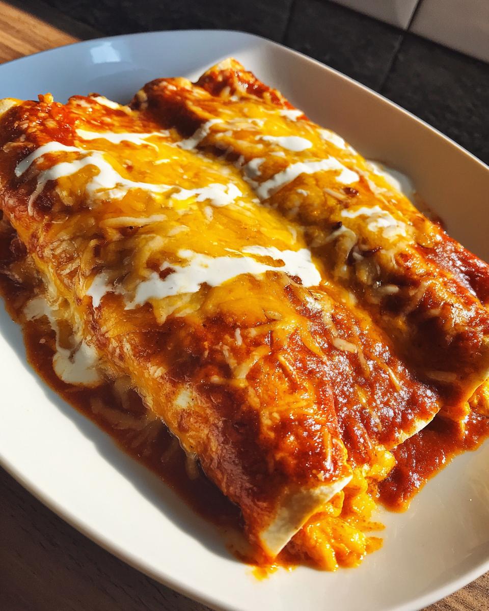 Close-up of two baked easy chicken enchiladas covered in red sauce, melted cheese, and sour cream.