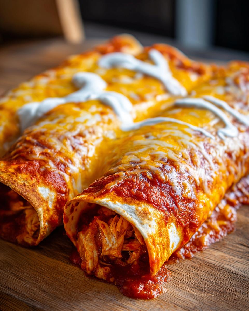 Close-up of two easy chicken enchiladas covered in melted cheese, red sauce, and drizzled with sour cream.