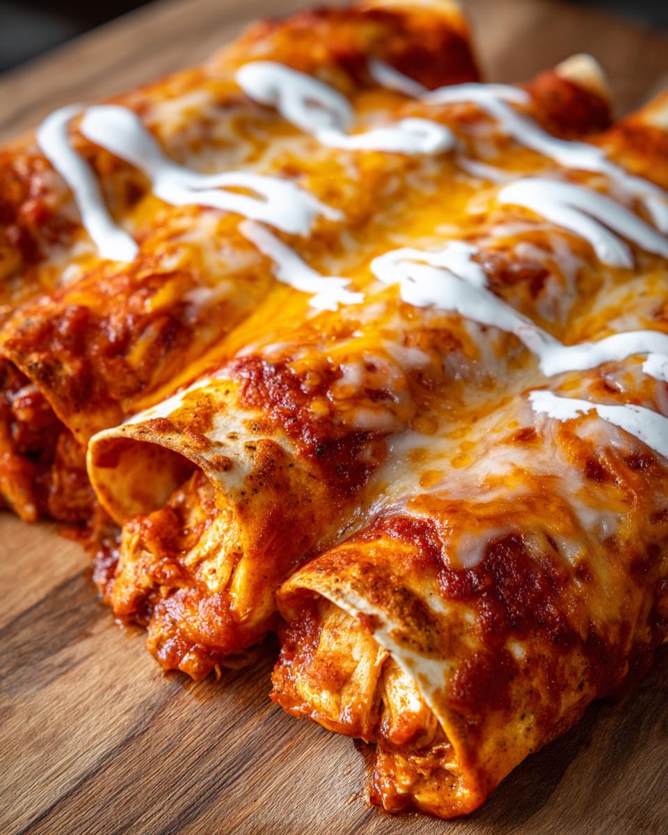 Close-up of three baked easy chicken enchiladas covered in red sauce, melted cheese, and drizzled with sour cream.