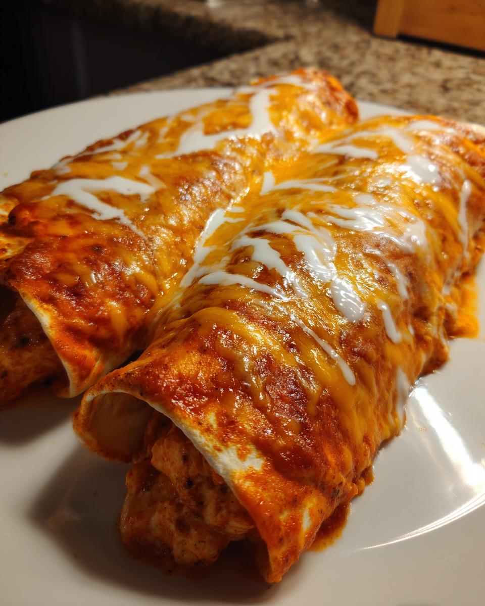 Close-up of two easy chicken enchiladas covered in melted orange cheese and a drizzle of white cream.