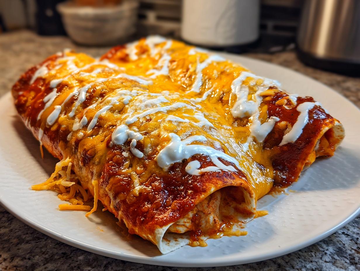 Close-up of two baked easy chicken enchiladas covered in melted cheddar cheese and sour cream drizzle.