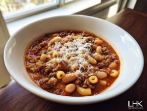 A close-up of a white bowl filled with hearty pasta fagioli soup, topped with grated Parmesan cheese.