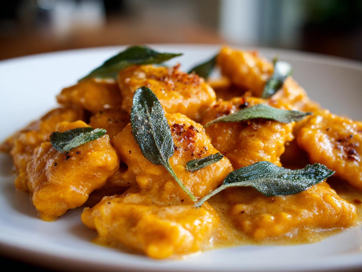 A close-up, featured image of bright orange sweet potato gnocchi tossed in a light sauce and garnished with crispy sage leaves.