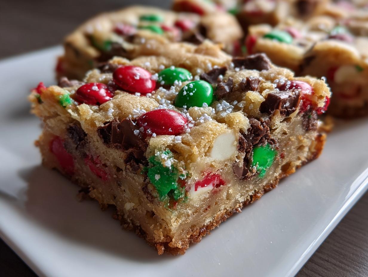 A close-up of a rich, chewy square of christmas cookie bars topped with red and green candies and sprinkles.