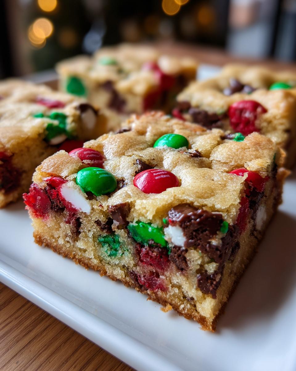 Close-up of a thick, chewy slice of christmas cookie bars topped with red and green M&M's and chocolate chips.