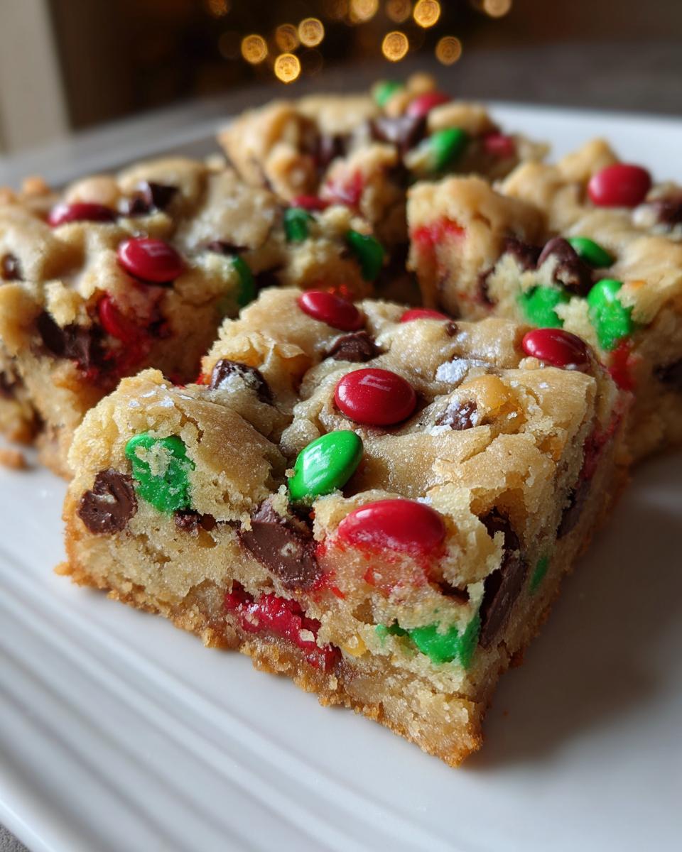 A close-up of thick, chewy christmas cookie bars loaded with chocolate chips and red and green M&M candies.