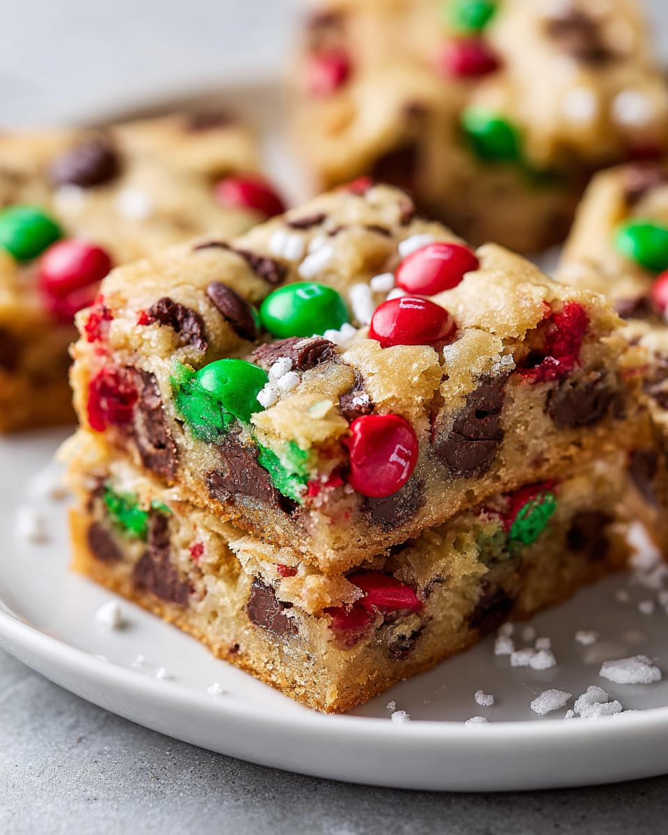 Close-up of two stacked, chewy christmas cookie bars loaded with chocolate chips and red and green M&M candies.