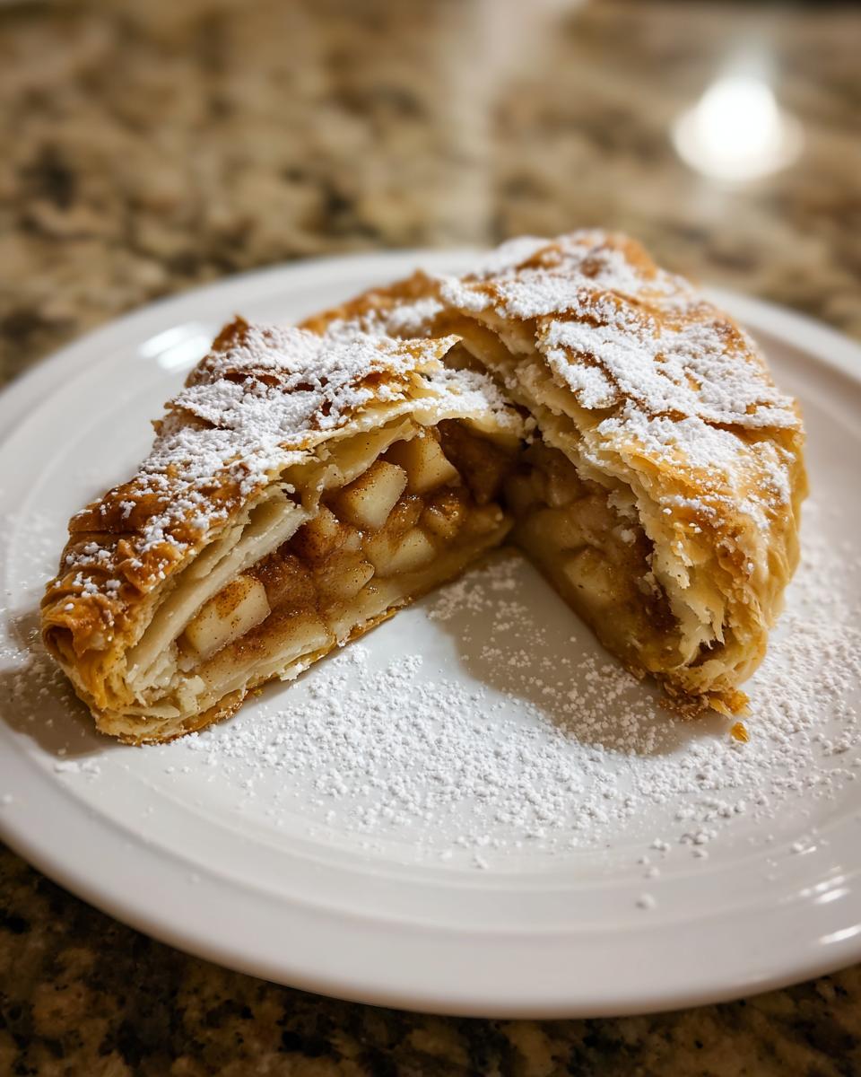 A cross-section of homemade apple strudel, showing flaky pastry and spiced apple filling, dusted heavily with powdered sugar.