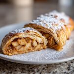 A cross-section view of a flaky, golden brown apple strudel dusted heavily with powdered sugar.