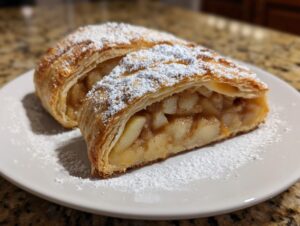 A close-up of a flaky slice of apple strudel filled with spiced apples and dusted generously with powdered sugar.