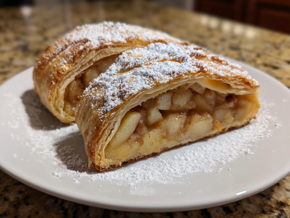 A close-up of a flaky slice of apple strudel filled with spiced apples and dusted generously with powdered sugar.