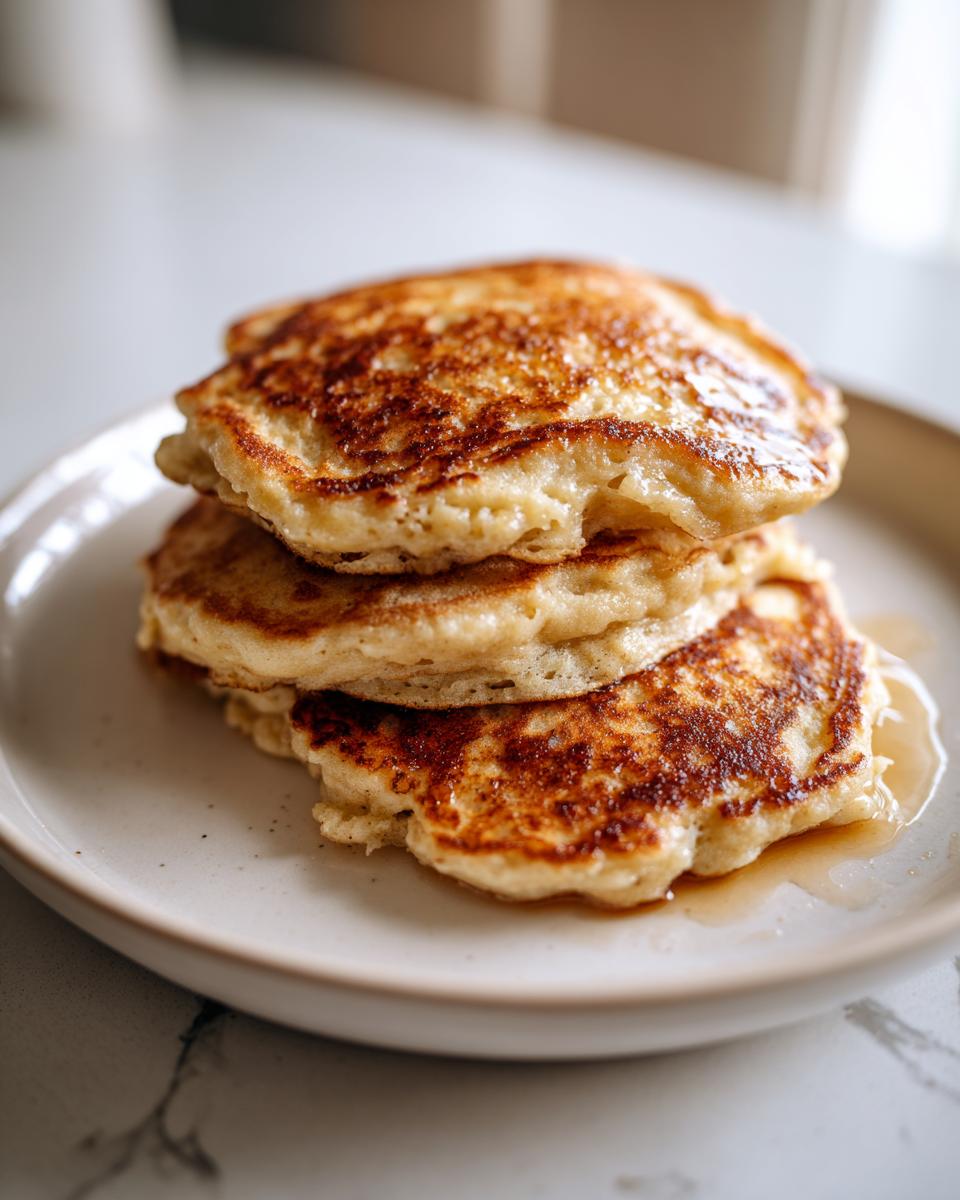 A close-up of three fluffy banana pancakes stacked on a light plate, drizzled with syrup.