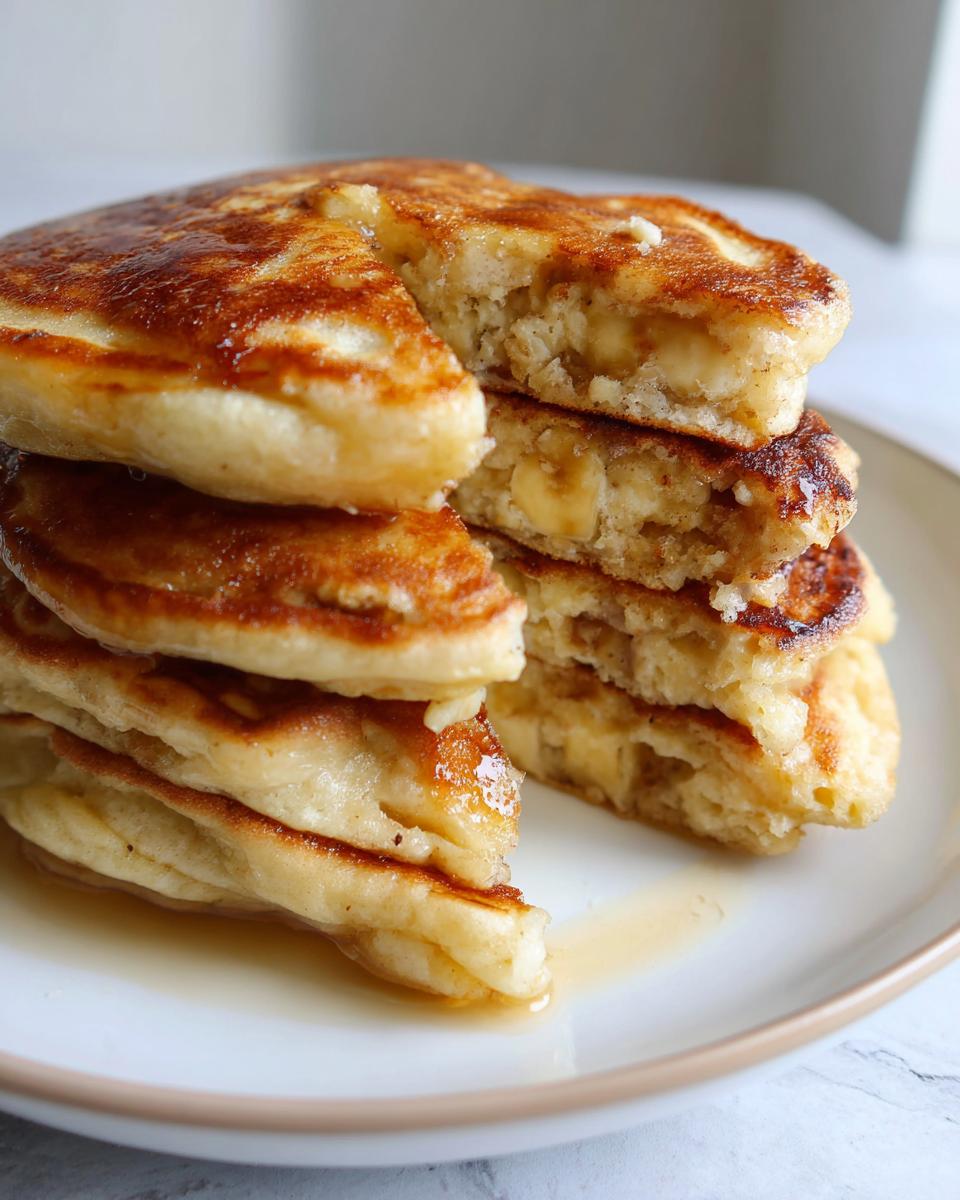 Close-up of a stack of fluffy banana pancakes, with a slice cut out revealing chunks of banana inside, drizzled with syrup.