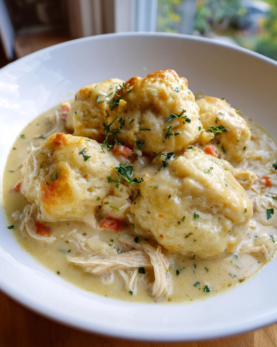 Close-up of fluffy biscuits topping creamy chicken and dumplings, garnished with parsley.