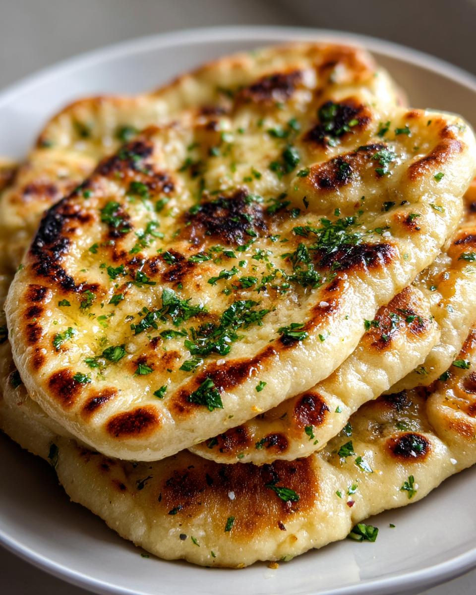 Close-up of a stack of fluffy naan bread recipe pieces brushed with melted butter and topped with fresh cilantro.