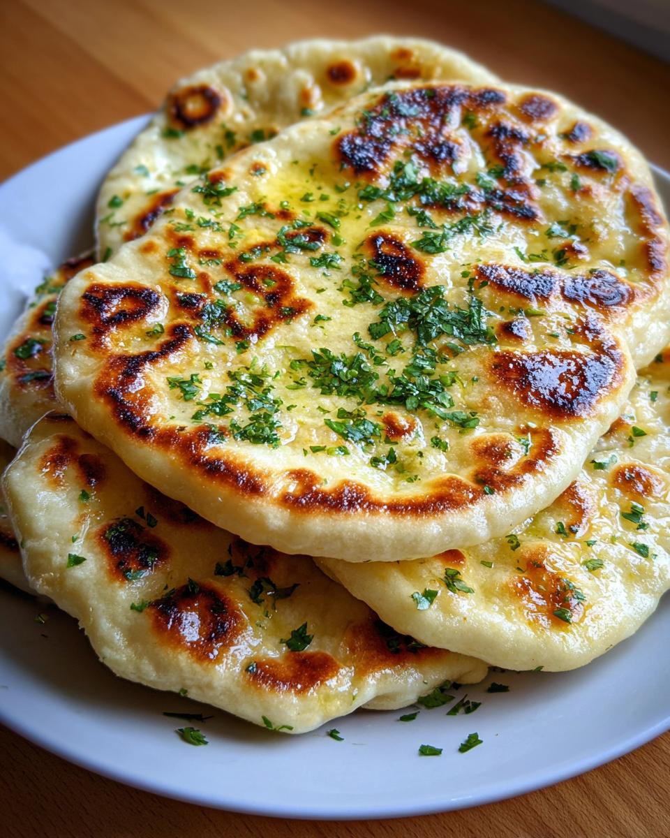A stack of freshly made, fluffy naan bread recipe pieces brushed with melted butter and sprinkled with fresh parsley.