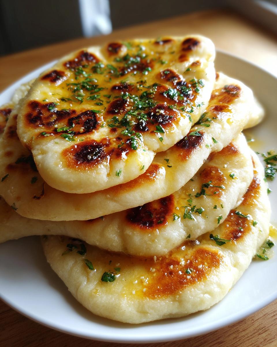 A stack of fluffy, freshly cooked naan bread brushed with melted butter and sprinkled with herbs.