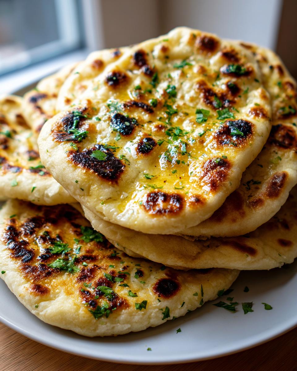 A stack of freshly cooked, fluffy naan bread recipe pieces brushed with butter and topped with cilantro.