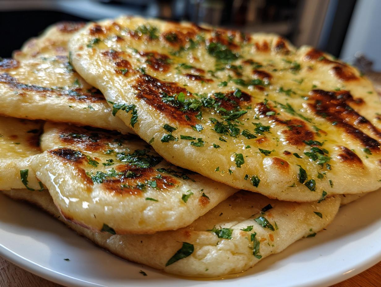 Close-up of a stack of freshly made, fluffy naan bread recipe pieces brushed with melted butter and topped with chopped parsley.