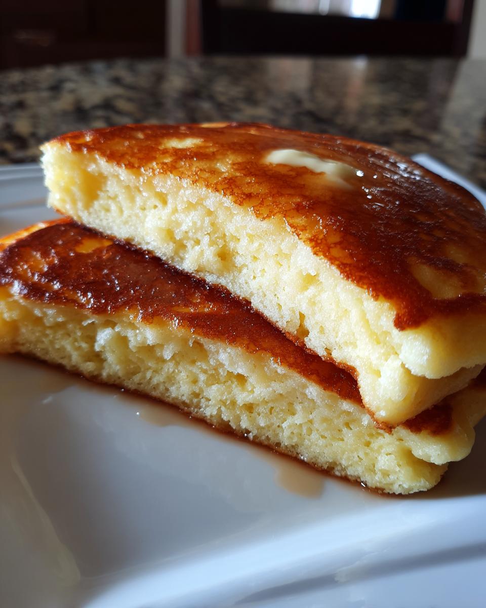 Close-up view showing the incredibly fluffy interior texture of two stacked fluffy pancakes with melting butter on top.