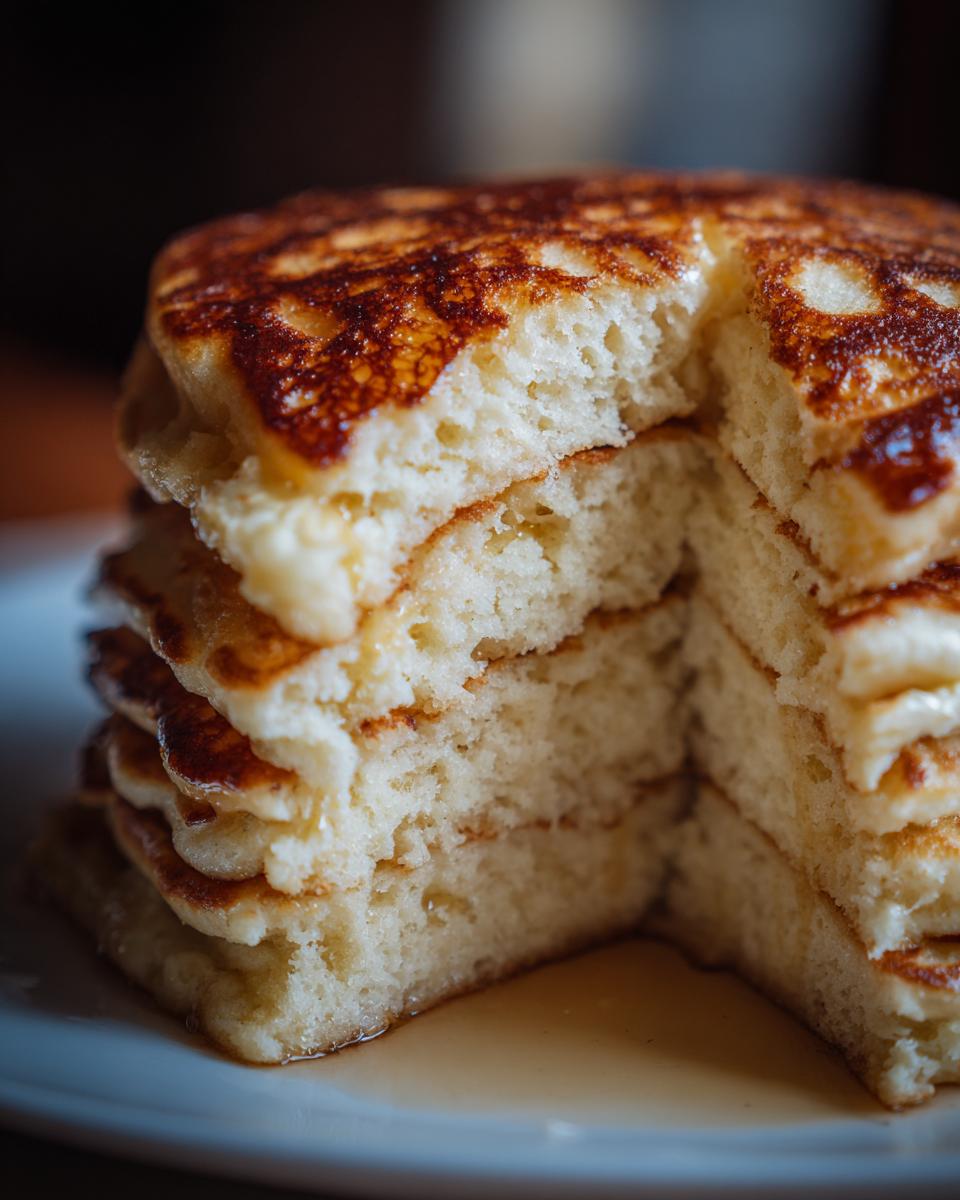 Close-up view showing the incredibly fluffy interior texture of a stack of golden brown fluffy pancakes drizzled with syrup.