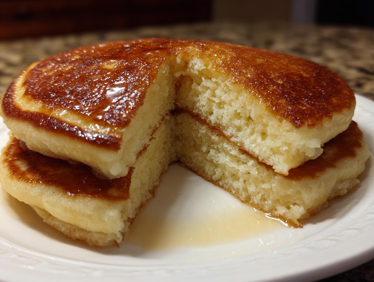 Close-up of two thick, fluffy pancakes cut open to show the airy interior, drizzled with syrup.
