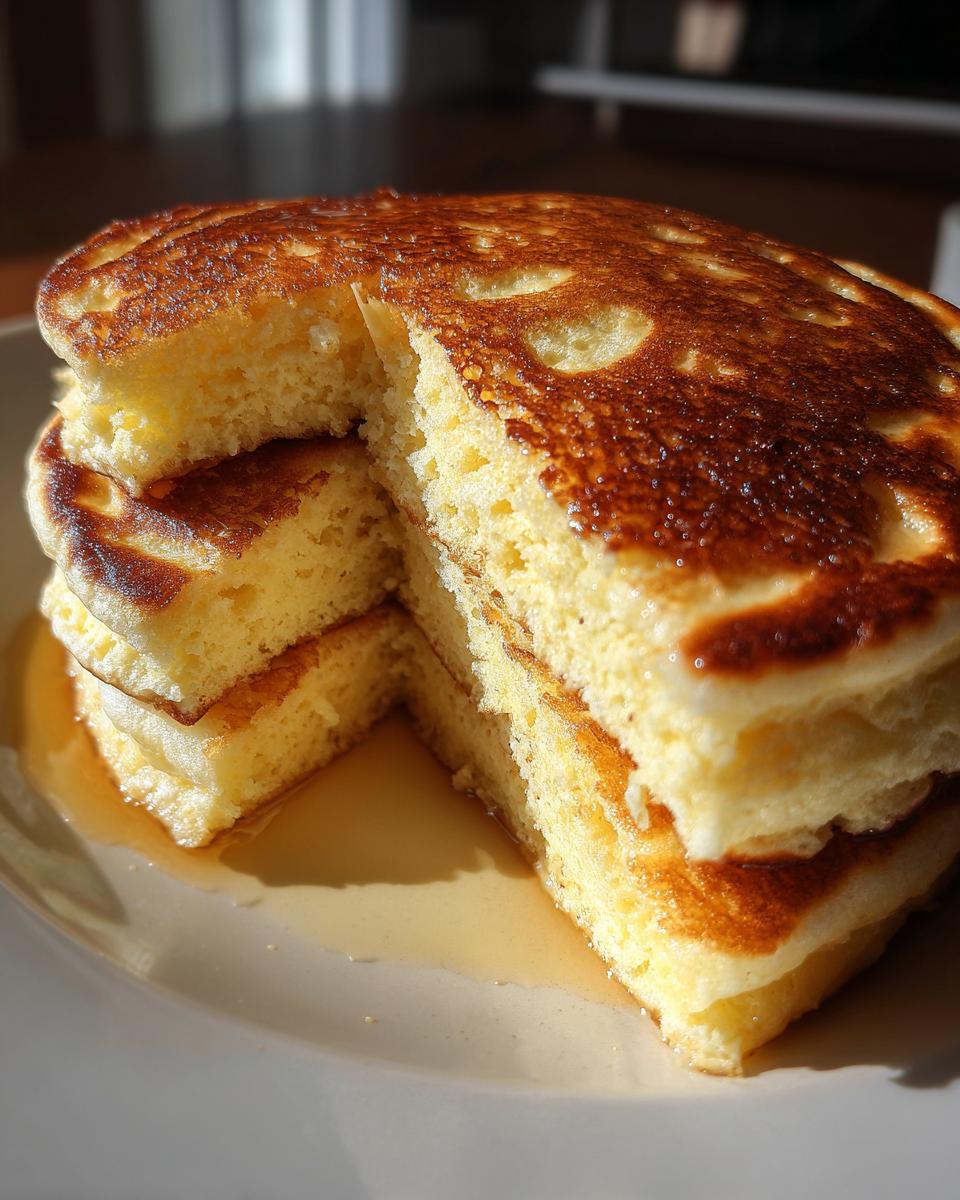 A tall stack of incredibly fluffy pancakes with a wedge cut out, showing the airy interior and drizzled with syrup.