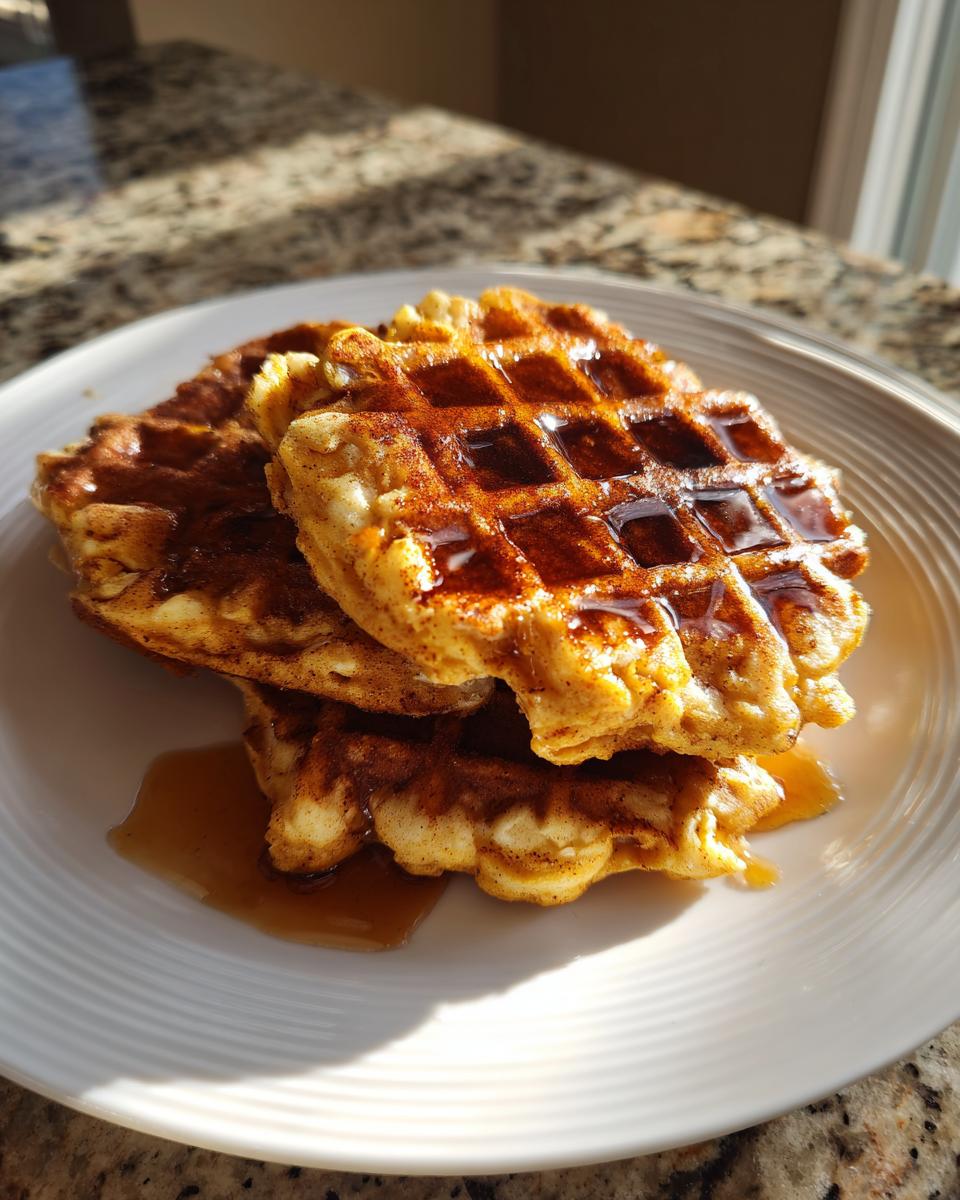 A stack of three fluffy pumpkin waffles drizzled generously with syrup, sitting on a white plate.