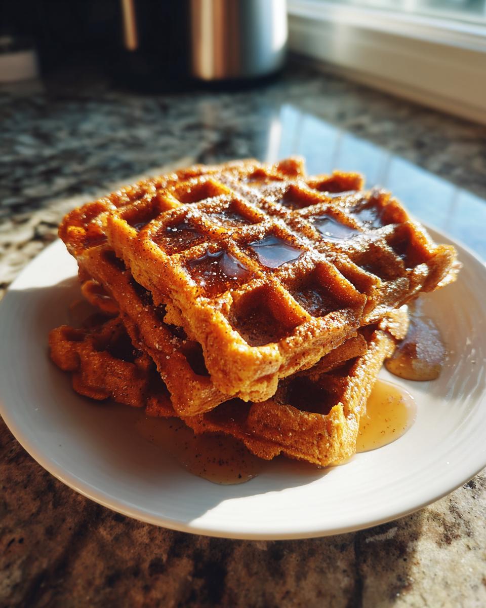 A stack of golden brown pumpkin waffles drizzled with syrup and dusted with powdered sugar on a white plate.