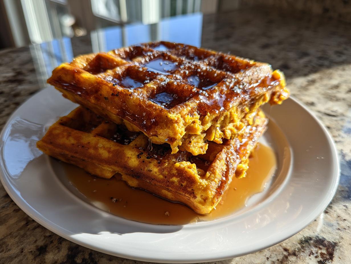 Two stacked, golden-orange pumpkin waffles generously drizzled with syrup and sprinkled with sugar.