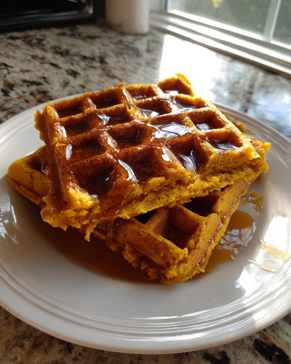 Two stacked, golden-orange pumpkin waffles generously drizzled with maple syrup on a white plate.