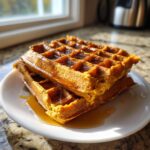 Close-up of two stacked, golden-brown pumpkin waffles drizzled generously with syrup on a white plate.