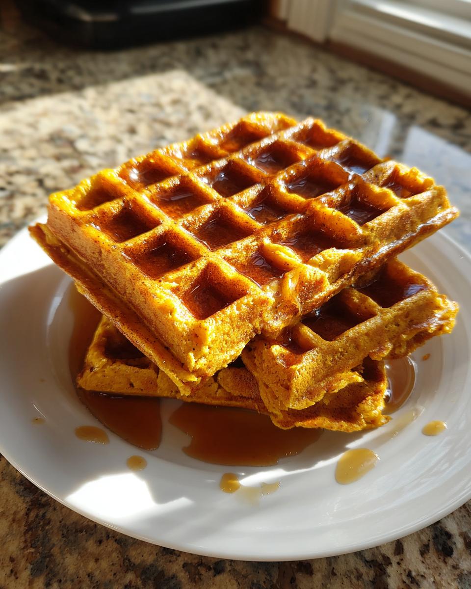 A stack of three golden-orange pumpkin waffles drizzled generously with maple syrup on a white plate.