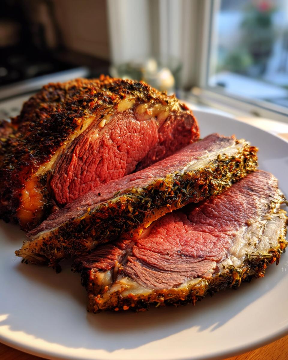Close-up of a perfectly cooked medium-rare rib roast, sliced to show the pink interior and herb crust.