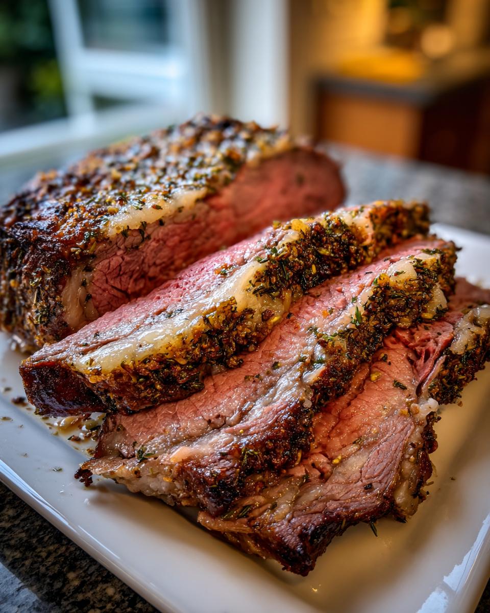 Close-up of a perfectly cooked rib roast, sliced to reveal a medium-rare center and a thick, seasoned herb crust.