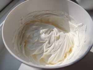 A white bowl filled with thick, glossy, freshly mixed sugar cookie icing, showing peaks and swirls.