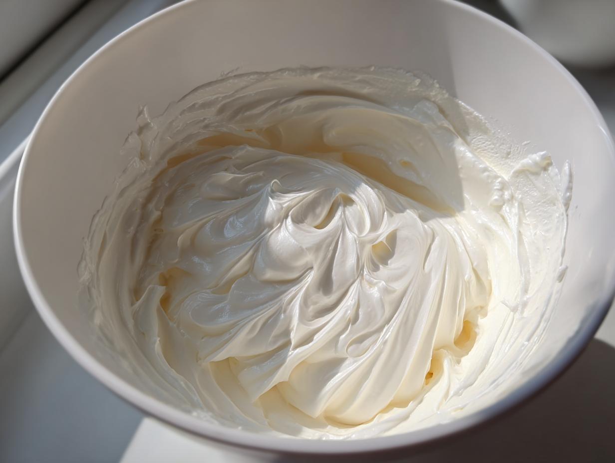 A white bowl filled with thick, glossy, freshly mixed sugar cookie icing, showing peaks and swirls.
