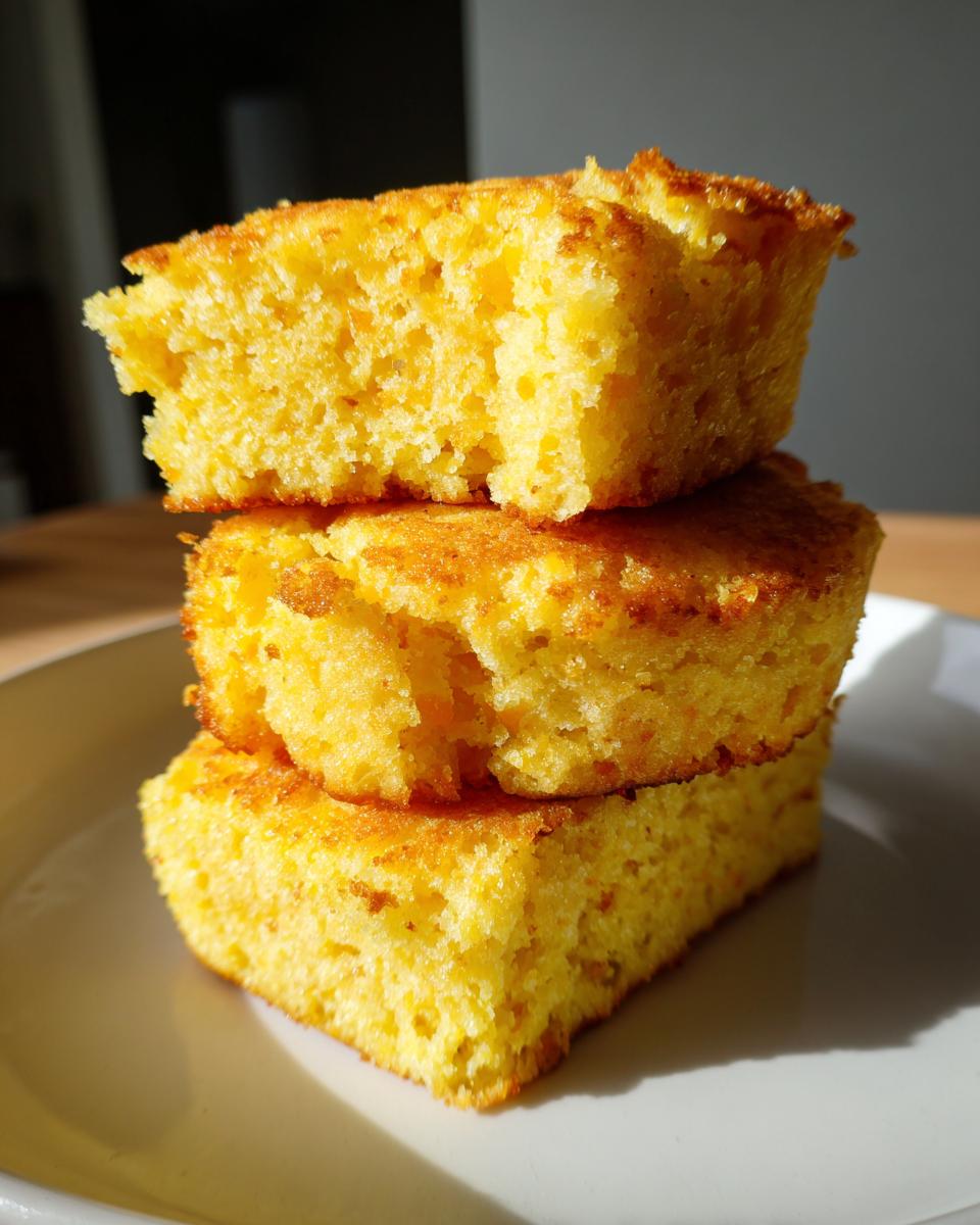 Three golden squares of fluffy fried cornbread stacked on a white plate, highlighted by sunlight.
