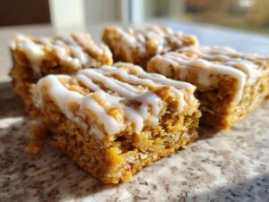 Four square, thick oatmeal bars with a visible oat texture and drizzled with white icing.