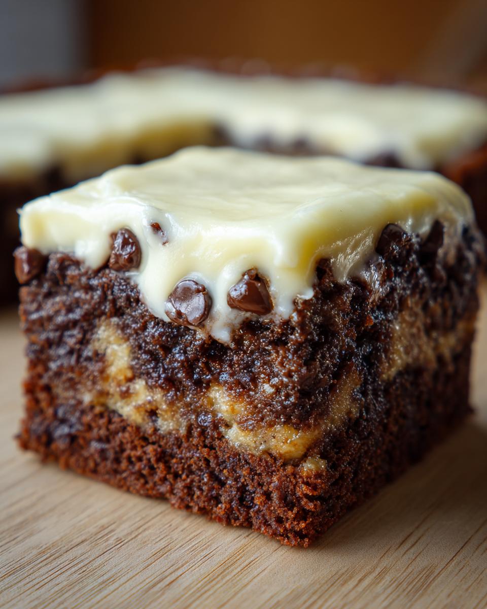 A single square of fudgy banana bread brownies topped with cream cheese frosting and chocolate chips.