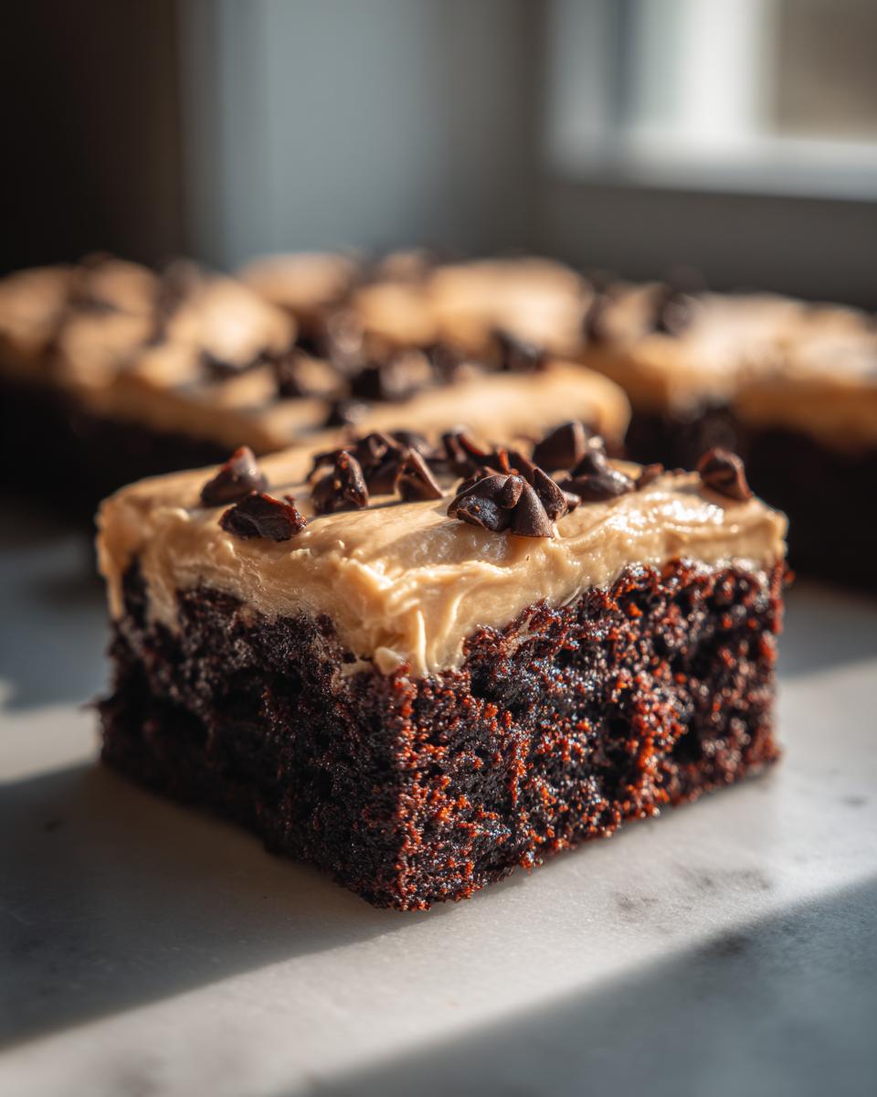 Close-up of a fudgy banana bread brownies square topped with peanut butter frosting and chocolate chips.