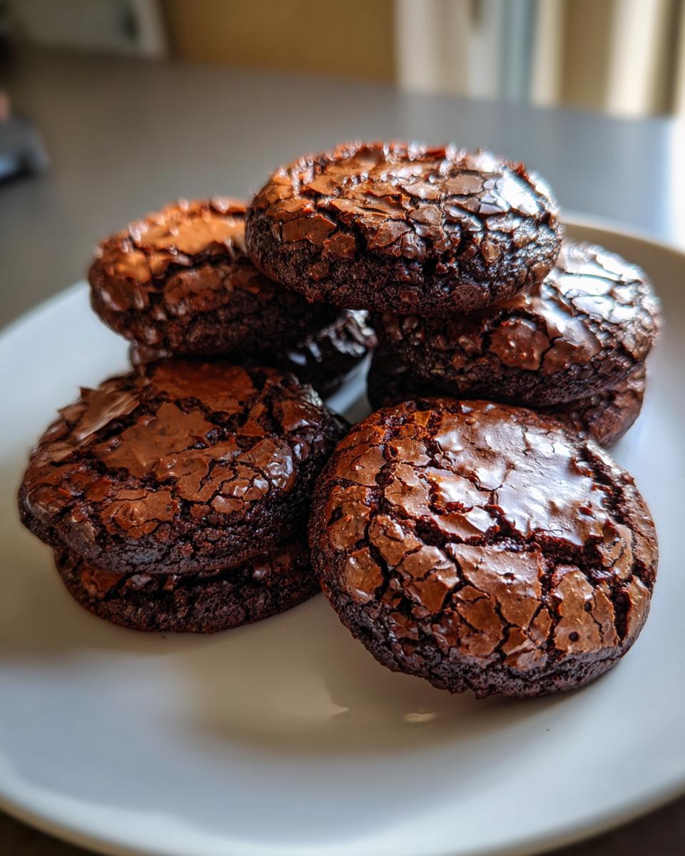 A stack of rich, dark chocolate brownie cookies featuring classic shiny, cracked tops, resting on a white plate.