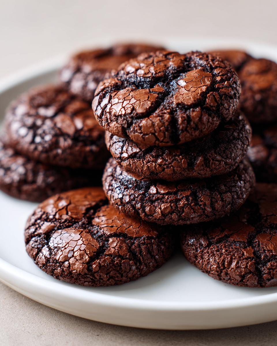 Close-up of a stack of rich, dark chocolate brownie cookies with cracked tops.