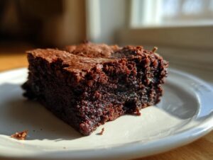 Close-up of a rich, fudgy piece of gingerbread brownies sitting on a white plate, highlighted by sunlight.