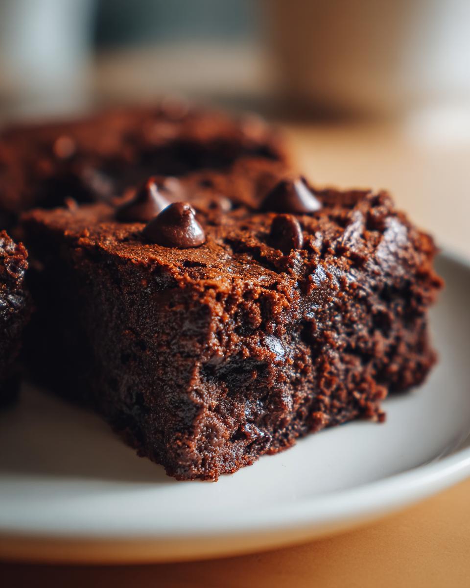 Close-up of a rich, fudgy square of sweet potato brownies topped with melted chocolate chips.