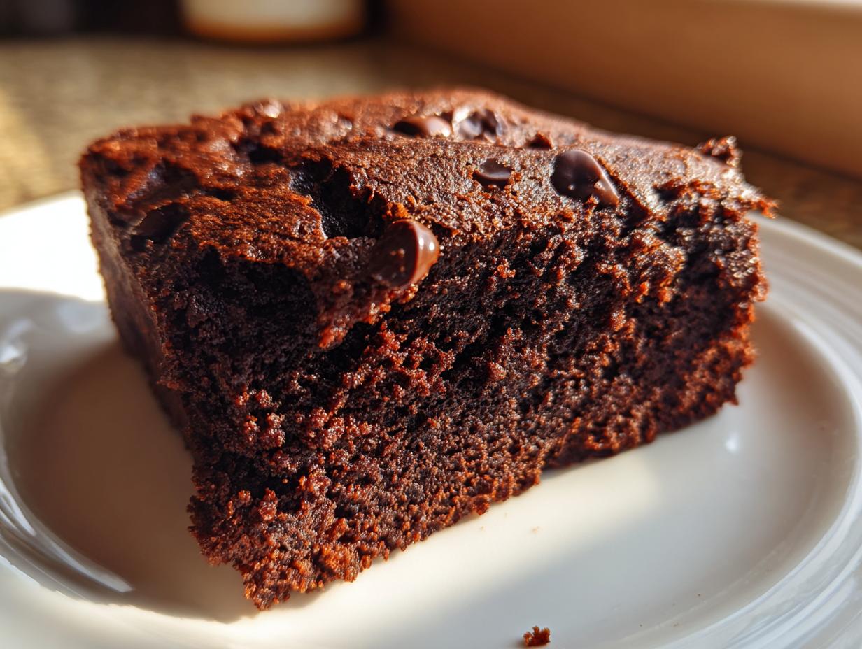 Close-up of a rich, fudgy slice of sweet potato brownies topped with melted chocolate chips on a white plate.