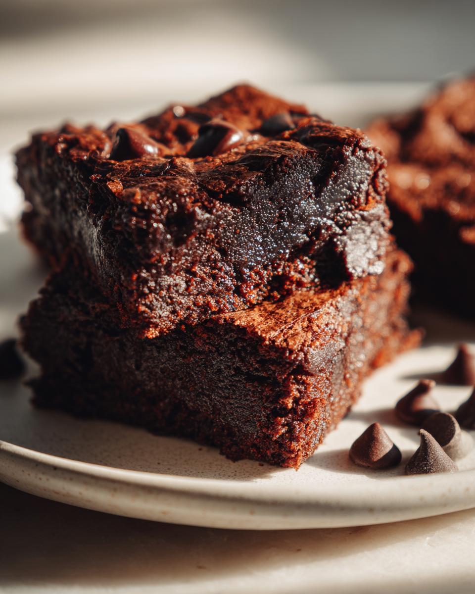 Close-up of two fudgy sweet potato brownies stacked, topped with chocolate chips on a light plate.