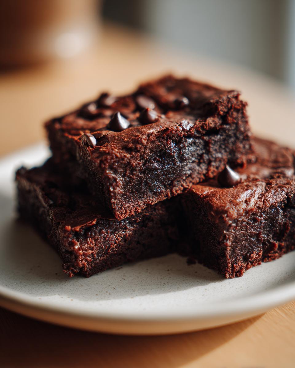 Close-up of fudgy sweet potato brownies stacked on a light plate, topped with chocolate chips.