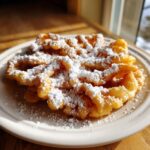 A freshly made funnel cake recipe dusted generously with white powdered sugar, sitting on a light plate.