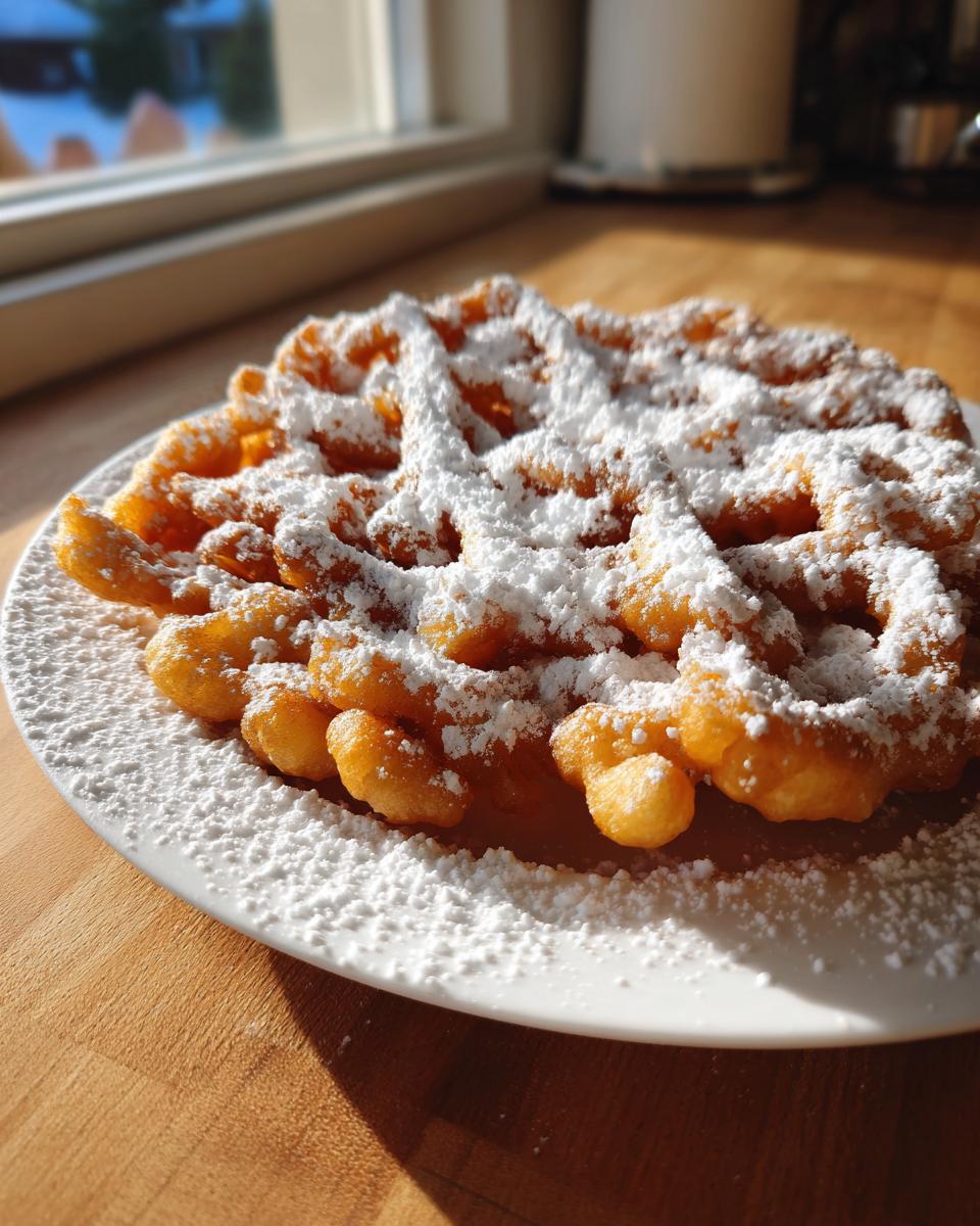 Golden brown funnel cake recipe generously dusted with powdered sugar, sitting on a white plate.